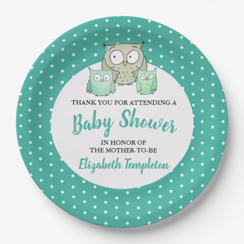 Cute Teal Gender Neutral Owl Baby Shower Paper Plates