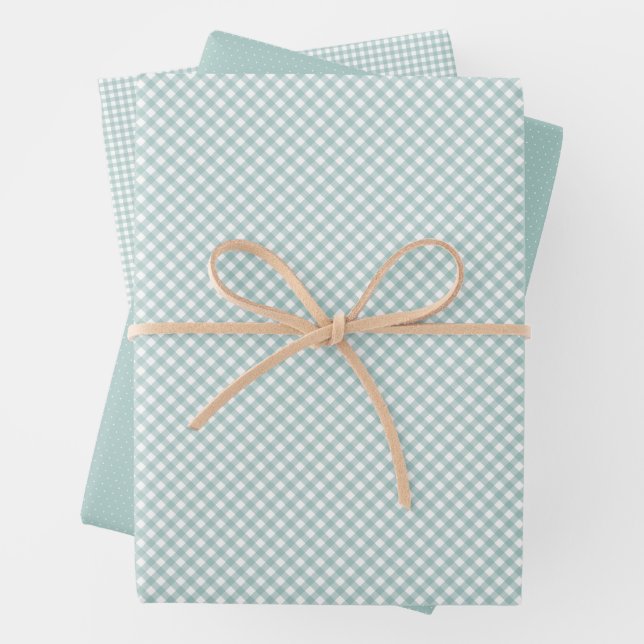 Cute teal gingham and dots simple classic wrapping paper sheets (In situ)