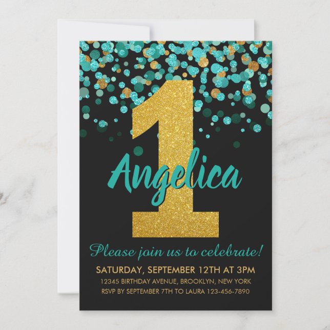 Cute Teal Gold Glitter Black Confetti 1st Birthday Invitation (Front)