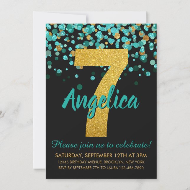 Cute Teal Gold Glitter Black Confetti 7th Birthday Invitation (Front)