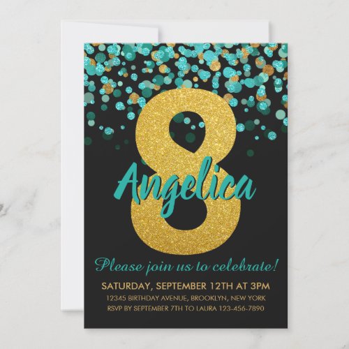 Cute Teal Gold Glitter Black Confetti 8th Birthday Invitation