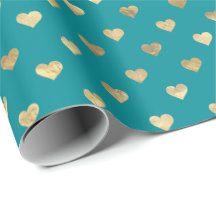 Cute Teal Gold Hearts Pattern Wrapping Paper
