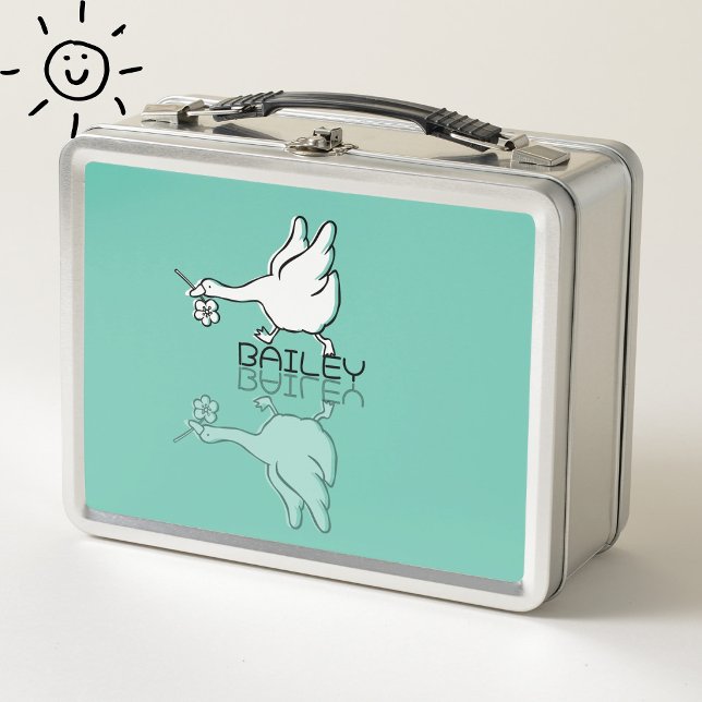 Cute Teal Goose Reflection Doodle Custom Name Metal Lunch Box (Creator Uploaded)