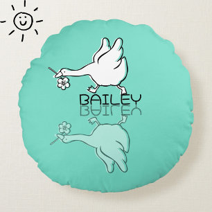 Cute Teal Goose Reflection Doodle Custom Name Round Pillow