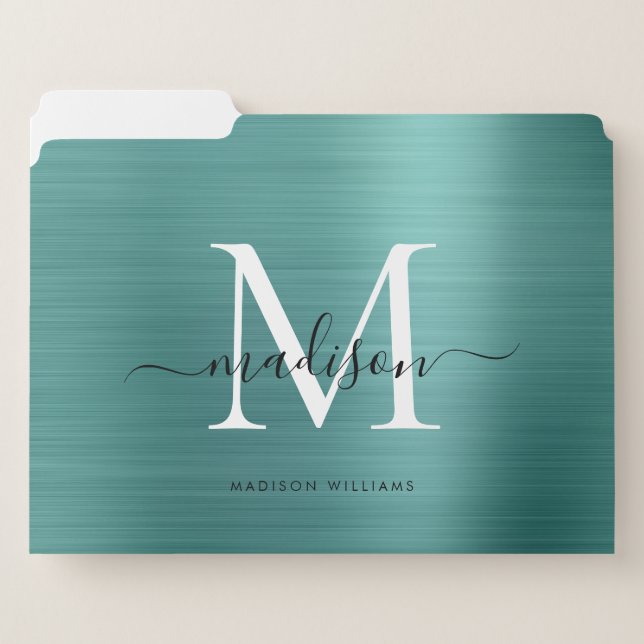 Cute Teal Green Brushed Metal Monogram Script Name File Folder (Front Left)
