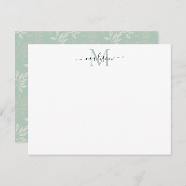 Cute Teal Green Floral Leaves Monogram Script Name Note Card (Front/Back)