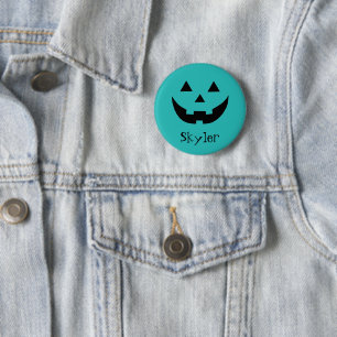 Cute teal Jack o lantern custom name Halloween Button