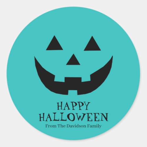 Cute teal Jack o lantern custom text Halloween Classic Round Sticker