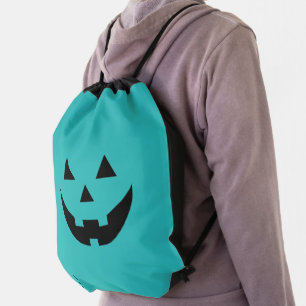 Cute teal Jack o lantern pumpkin face Halloween Drawstring Bag