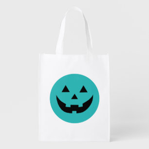 Cute teal Jack o lantern pumpkin face Halloween Grocery Bag