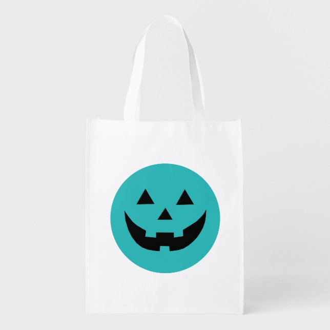 Cute teal Jack o lantern pumpkin face Halloween Grocery Bag (Front)