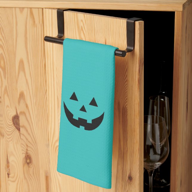 Cute teal jack o lantern pumpkin face Halloween Kitchen Towel (Thirds Fold)