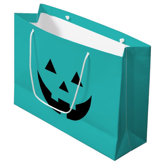Cute teal Jack o lantern pumpkin face Halloween Large Gift Bag (Front Angled)