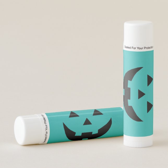 Cute teal Jack o lantern pumpkin face Halloween Lip Balm (Front)