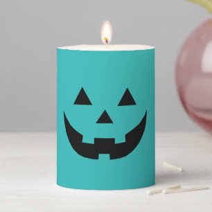 Cute teal jack o lantern pumpkin face Halloween Pillar Candle