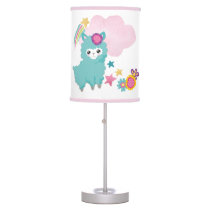 Cute Teal Llama Stars Florals Nursery Table Lamp