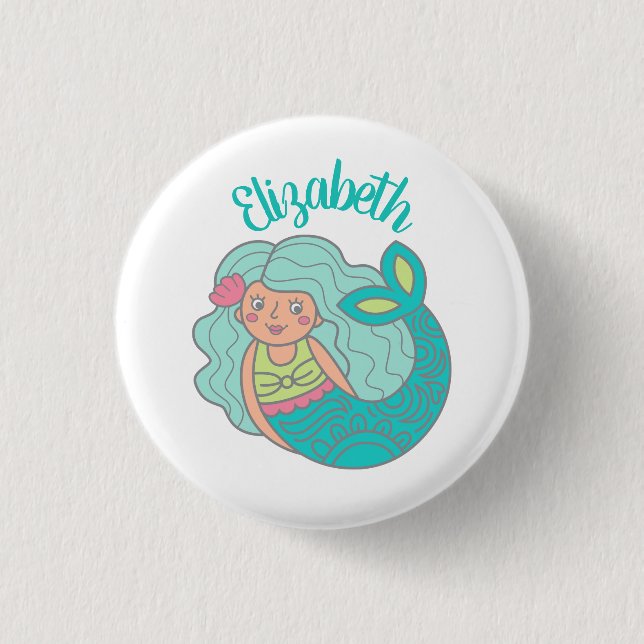 Cute Teal Magical Mermaid Personalized Button (Front)