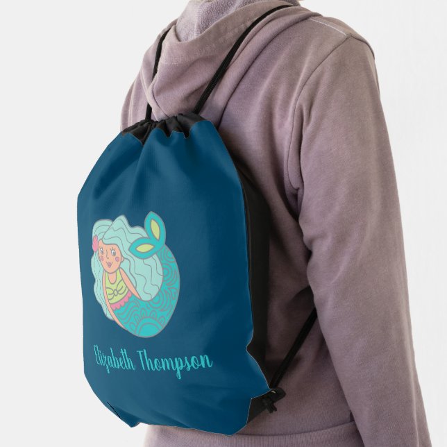 Cute Teal Mermaid Girl Drawstring Bag (Insitu)