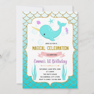 Cute teal narwhal theme invitation
