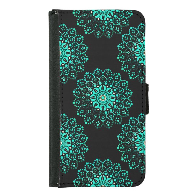 Cute Teal on Black Mandala Pattern Samsung Galaxy Wallet Case (Front)