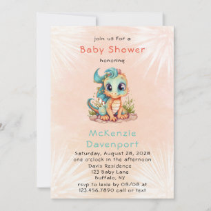 Cute Teal Orange Dragon Boy Baby Shower Invitation