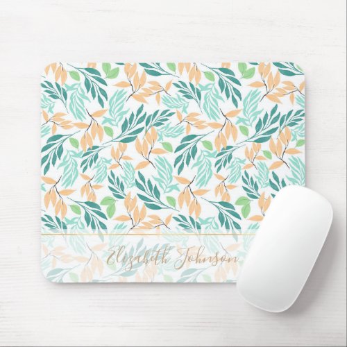 Cute Teal Orange Foliage Watercolor Paint Mouse Pad