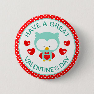 Cute Teal Owl and Hearts Valentine's Day Button