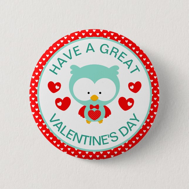 Cute Teal Owl and Hearts Valentine's Day Button (Front)