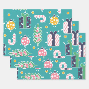 Cute Teal Pink and Yellow Christmas Items Wrapping Paper Sheets