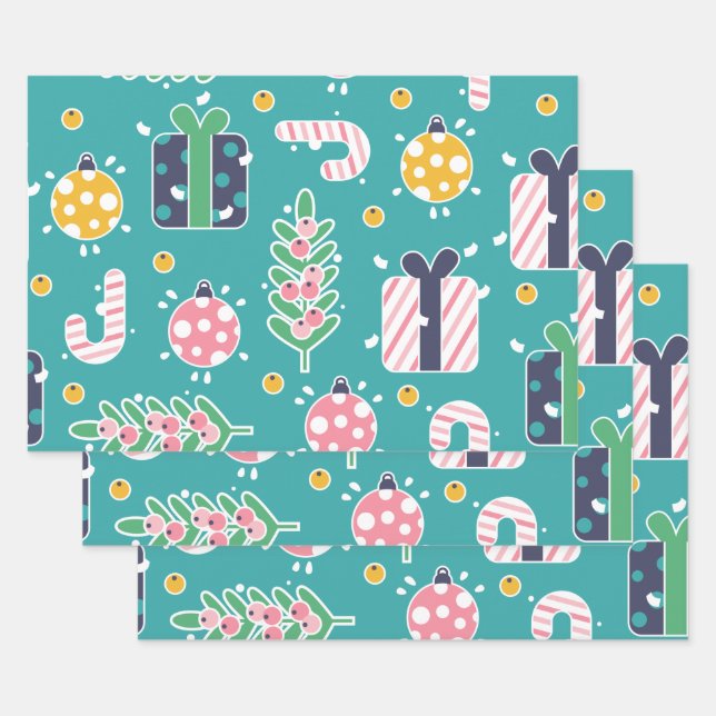 Cute Teal Pink and Yellow Christmas Items Wrapping Paper Sheets (Set)