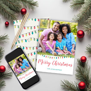 Cute Teal Pink Christmas Lights Holiday Photo Card