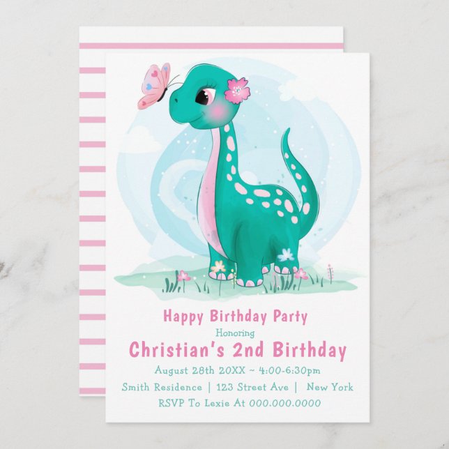 Cute Teal Pink Dinosaur 2nd Birthday Invitations  (Front/Back)