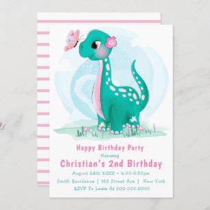 Cute Teal Pink Dinosaur 2nd Birthday Invitations