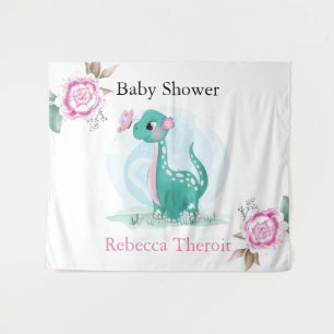 Cute Teal Pink Dinosaur Baby Shower Backdrop