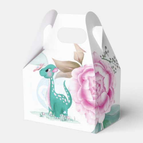 Cute Teal Pink Dinosaur Butterfly Girl Baby Shower Favor Boxes