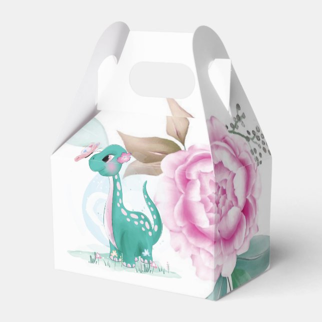 Cute Teal Pink Dinosaur Butterfly Girl Baby Shower Favor Boxes (Front Side)