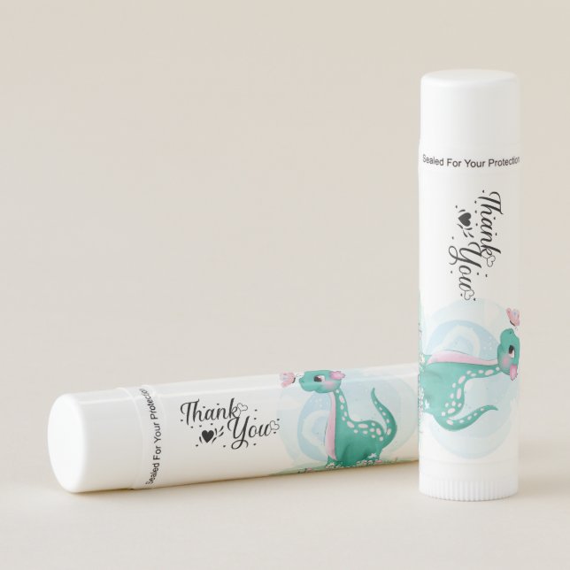 Cute Teal Pink Dinosaur Butterfly Girl Baby Shower Lip Balm (Front)
