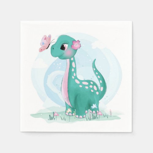 Cute Teal Pink Dinosaur Butterfly Girl Baby Shower Napkins
