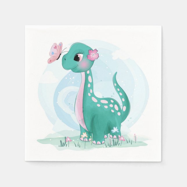 Cute Teal Pink Dinosaur Butterfly Girl Baby Shower Napkins (Front)