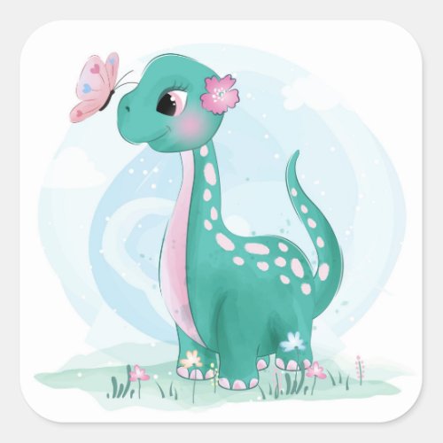 Cute Teal Pink Dinosaur Butterfly Girl Baby Shower Square Sticker