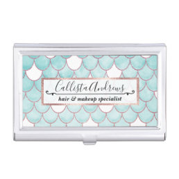 Cute Teal Pink Glitter Watercolor Mermaid Scales Business Card Case