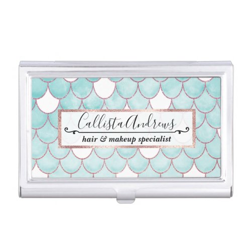 Cute Teal Pink Glitter Watercolor Mermaid Scales Business Card Case
