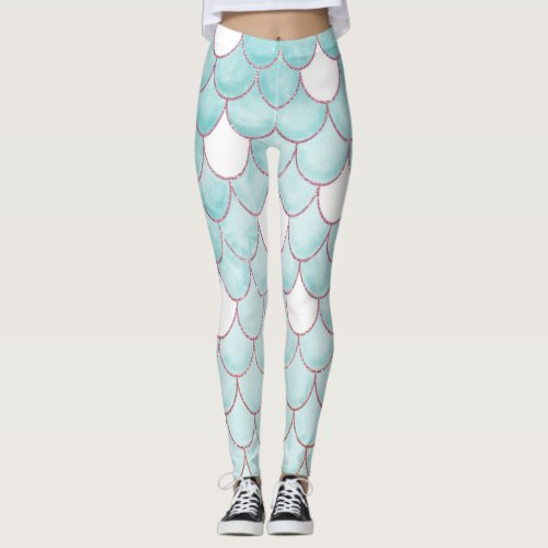 Cute Teal Pink Glitter Watercolor Mermaid Scales Leggings