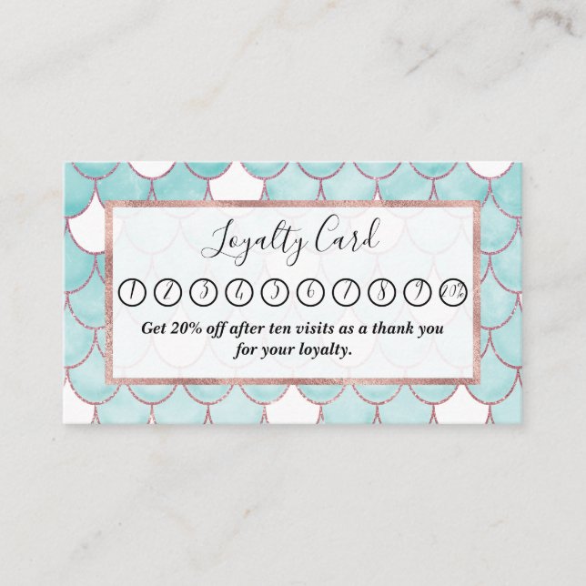 Cute Teal Pink Glitter Watercolor Mermaid Scales Loyalty Card (Front)