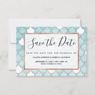 Cute Teal Pink Glitter Watercolor Mermaid Scales Save The Date