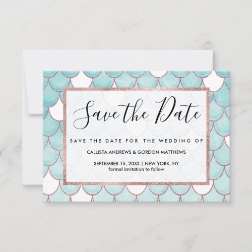 Cute Teal Pink Glitter Watercolor Mermaid Scales Save The Date