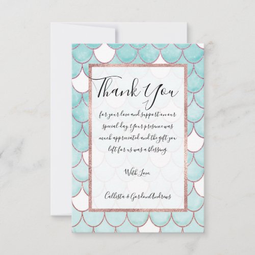 Cute Teal Pink Glitter Watercolor Mermaid Scales Thank You Card
