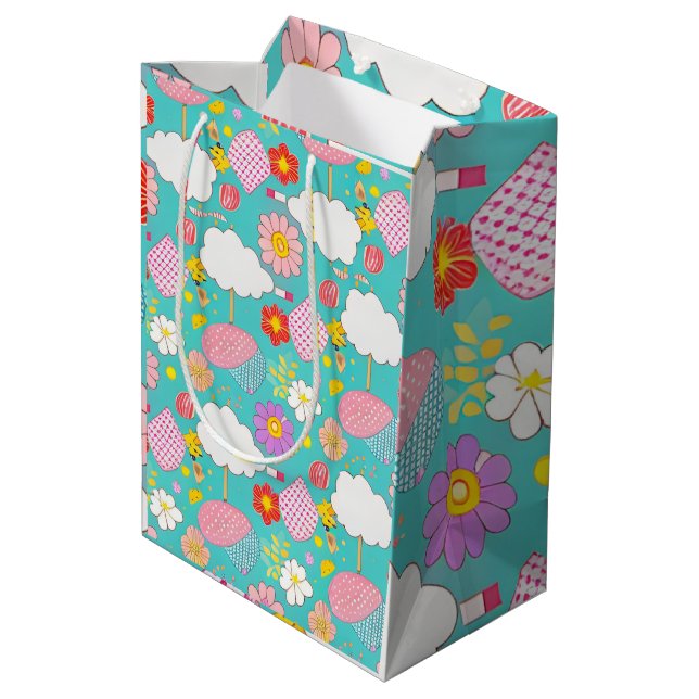 Cute Teal Pink Purple Cartoon Floral Garden Theme Medium Gift Bag (Back Angled)