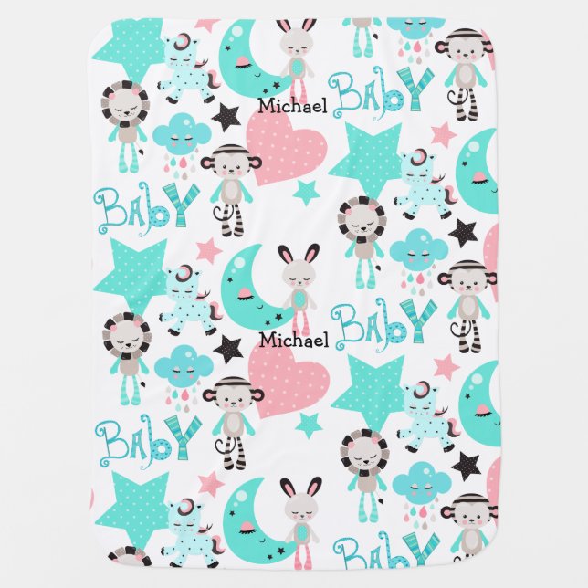 Cute Teal Plush Toys Pattern Personalized Baby Blanket (Front)