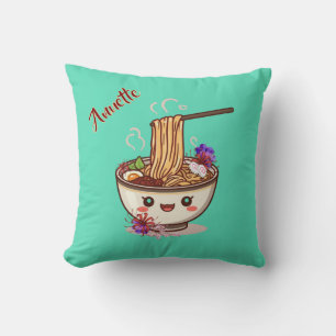 Cute teal Ramen Bowl Floral Throw Pillow